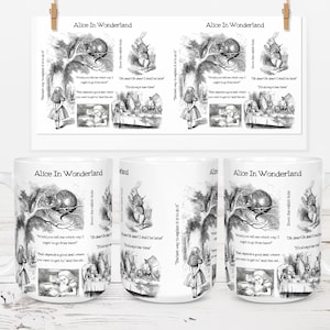 Alice In Wonderland 11oz And 15oz Collage Mug Wrap White Background Sublimation Design Mug PNG Instant Digital Download Mug Wrap PNG