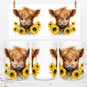 Baby Highland Cow With Sunflowers 11oz And 15oz Mug Wrap White Background Sublimation Design Mug PNG Instant Digital Download Mug Wrap PNG