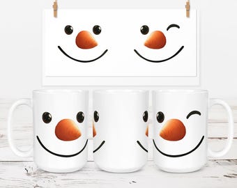 Tazza natalizia con volto di pupazzo di neve, design a sublimazione (download digitale PNG)