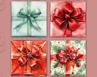 Posavasos navideños en acuarela (diseños PNG) - Cuadrado de 4x4 (descarga digital)