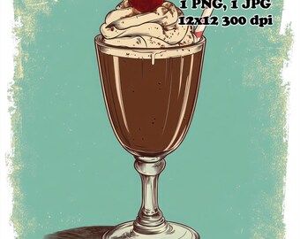 Retro Chocolate Cherry Milkshake PNG, Sublimation Design (Digital Download)
