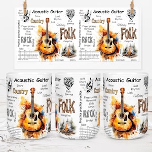 Acoustic Guitar 11oz And 15oz Collage Mug Wrap White Background Sublimation Design Mug PNG Instant Digital Download Mug Wrap PNG