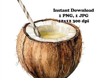 Coconut Drink Sublimation Design: Tropical Vacation PNG (12x12 300 DPI)