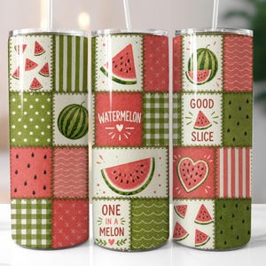 May include: Three cylindrical tumblers with lids and straws featuring a patchwork design of red and green watermelon patterns. The graphics include whole watermelons, slices, seeds, hearts, and the text "WATERMELON", "GOOD SLICE", and "ONE IN A MELON".