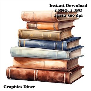 May include: A stack of eight watercolor painted books with brown, blue, and beige covers. The books are stacked in a pile with the top book being the largest and the bottom book being the smallest. The books are all closed and have a realistic appearance.