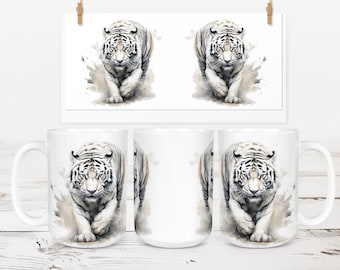 Diseño de sublimación para envoltorio de taza de tigre blanco (descarga digital) de 11 oz y 15 oz