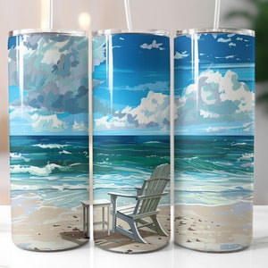 Beach Chair Tumbler Wrap: Ocean Scene Sublimation Design (9.3x8.2 Inches)