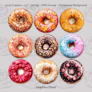 May include: Nine 3.5 inch round car coasters featuring various donut designs. The donuts are decorated with toppings like sprinkles, chocolate chips, cherries, and raspberries. The background is a light gray with a subtle pattern.