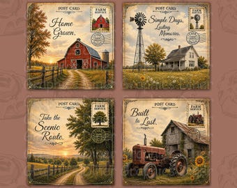 Vintage Farm Postcard Coaster PNG Set 4x4 Square Coaster Designs Farm Sublimation Rustic Country PNG Set