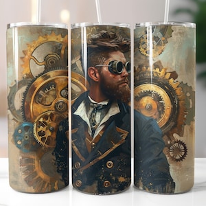 Może przedstawiać: Kubek ze stali nierdzewnej z wzorem steampunk przedstawiającym mężczyznę z brodą i okularami. Wzór zawiera skomplikowane koła zębate i przekładnie w odcieniach złota, brązu i błękitu.