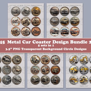 May include: A bundle of 45 metal car coaster designs, each 3.5 inches in diameter, featuring vintage motorcycles, classic cars, dinosaurs, antique trucks, and construction vehicles. The coasters have a transparent background.