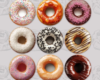 Juego de 9 posavasos con diseño de donut realista, fondo transparente PNG, posavasos de sublimación de 3,5 pulgadas y 300 DPI para uso comercial