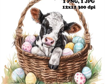 Cow In Easter Basket Sublimation PNG Commercial Use Sublimation Design 12 x 12 300 DPI Easter Basket With Eggs Transparent Background PNG