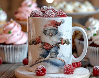 Snowboarding Gnome 11oz And 15oz Collage Mug Wrap White Background Sublimation Design Mug PNG Instant Digital Download Winter Mug Wrap