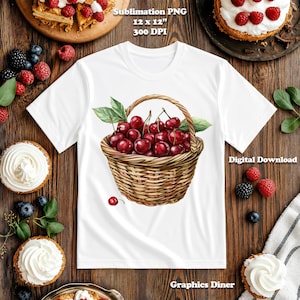 Basket Of Cherries Watercolor Sublimation PNG Commercial Use Sublimation Design 12 x 12 300 DPI Transparent Background Fruit Sublimation
