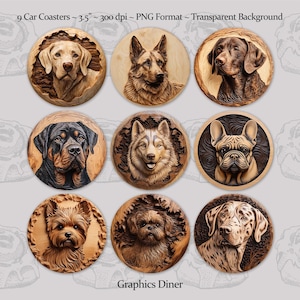 May include: Nine wooden coasters featuring different dog breeds. Each coaster is 3.5 inches in diameter and has a detailed carving of a dog's face. The coasters are made of wood and have a natural finish. The background is transparent.