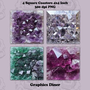 Op de afbeelding: Vier vierkante onderzetters, elk 10x10 cm, met close-up afbeeldingen van kristallen in paars, helder, groen en roze. De onderzetters zijn gemarkeerd met "4 Square Coasters 4x4 Inch 300 dpi PNG" en "Graphics Diner."