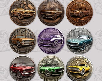 Metal Muscle Cars Car Coaster Sublimation PNG Designs Faux Metal Coins And Signs Sublimation PNG Designs Car Coaster Set Of 9 Designs PNG