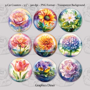 May include: Nine 3.5 inch round car coasters with a transparent background. Each coaster features a different watercolor flower design in a bubble-like shape. The flowers include a rose, sunflower, hydrangea, dahlia, tulip, and more.