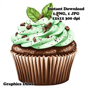 May include: A digital illustration of a cupcake with mint green frosting, chocolate chunks, and mint leaves. The cupcake sits in a brown paper liner. Text on the image reads "Instant Download 1 PNG, 1 JPG 12x12 300 dpi" and "Graphics Diner."