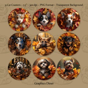 Puppies In The Fall Leaves Car Coaster Sublimation PNG Designs Sublimation Various Dog Breeds PNG Designs Car Coaster Set Of 9 Designs