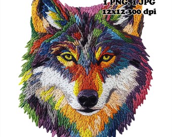 Wolf Colorful Faux Embroidery Sublimation PNG Commercial Use Sublimation Design 12 x 12 300 DPI Transparent Background Faux Embroidered Wolf