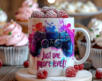 Diseño de taza gamer: Just One More Level - 325 ml y 433 ml (descarga digital PNG)
