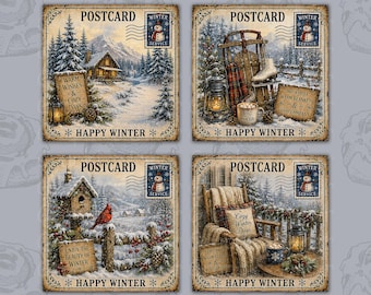 Winter Postcard Square Coaster PNG Bundle | Winter Coaster Sublimation Designs | 4x4 Inch PNG | Vintage Winter Decor | Snowy Cabin