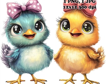 Lindos pollitos con lazos Sublimación PNG Uso comercial Diseño de sublimación 12 x 12 300 DPI Fondo transparente Diseño de sublimación de pollo