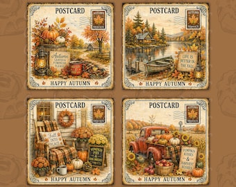 Autumn Postcard Square Coaster PNG Set | Fall Coaster Designs | 4x4 Inch Sublimation PNG | Vintage Harvest Coasters Set of 4