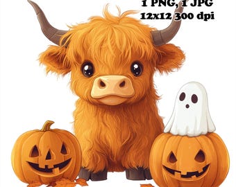 Vaca bebé de las Tierras Altas Halloween 2 Sublimación PNG Uso comercial Diseño de sublimación 12 x 12 300 DPI Fondo transparente Diseño de sublimación