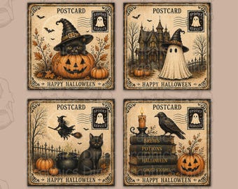 Halloween Postcard Coaster PNG Bundle, Vintage Halloween Coasters, 4x4 Square Coaster Designs, Ghost Cat Witch Raven PNG Set