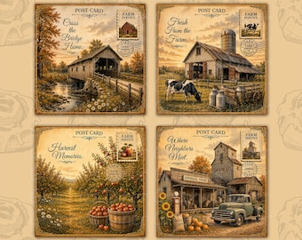Country Farm Life Square Coaster PNG Set Vintage Farm Postcard 4x4 Inch Rustic Country Sublimation Digital Download