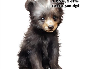 May include: A watercolor illustration of a black bear cub sitting on a white background. The cub has brown eyes and a cute expression.