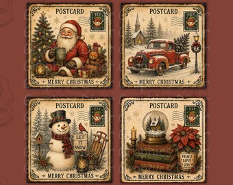 Christmas Postcard Coaster PNG Bundle, Vintage Christmas Coasters, 4x4 Square Coaster Designs, Santa Snowman Holiday PNG Set