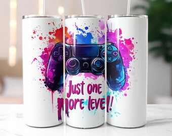 Gamer Just One More Level 20 Oz Tumbler Wrap Seamless Sublimation Design Commercial Use 9.3x8.2 Inches 300 Dpi Gamer's Tumbler Design PNG