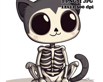 Gato esqueleto sublimado PNG para uso comercial, diseño de sublimación, 12 x 12, 300 DPI, fondo transparente, diseño de sublimación de esqueleto para Halloween