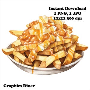 Poutine aquarelle sublimation PNG usage commercial sublimation design 12 x 12 300 ppp fond transparent foodie graphique PNG