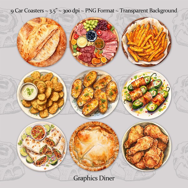 Foodie Set 2 Car Coaster Designs PNG Transparent Background 3.5 Inch 300 DPI Sublimation Coasters Commercial Use Set Of 9 Foodie Car Coaster