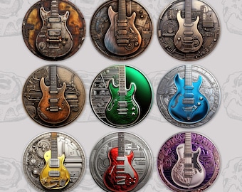 Posavasos para coche con diseño de guitarra eléctrica steampunk (PNG): Juego de monedas de metal falso (descarga digital)