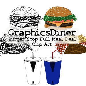 May include: A black and white illustration of a burger, fries, and two sodas. The text "Graphics Diner Burger Shop Full Meal Deal Clip Art" is below the image.