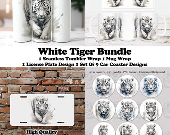 White Tiger Sublimation Variety Bundle 1 Seamless Tumbler Design 1 Mug design 1 License plate Design And 1 Set of 9 Car Coaster Designs