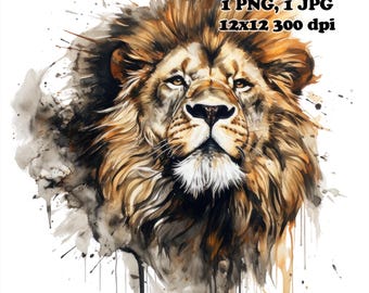 Pintura de tinta de león Sublimación PNG Uso comercial Diseño de sublimación 12 x 12 300 DPI Animal de safari PNG Diseño de sublimación de león valiente