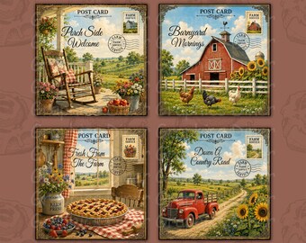 Country Days Postcard Square Coaster Set Vintage Farm Country Life Sublimation PNG Designs 4x4 Inch