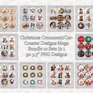 May include: A set of 90 digital designs for Christmas ornaments or coasters. The designs feature a variety of themes, including winter scenes, animals, and holiday decorations. Each design is 3.5 inches in diameter and comes in PNG format with a transparent background.