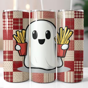 Cute Ghost With Fries 20oz Tumbler Wrap PNG Red Patchwork Halloween Sublimation Design