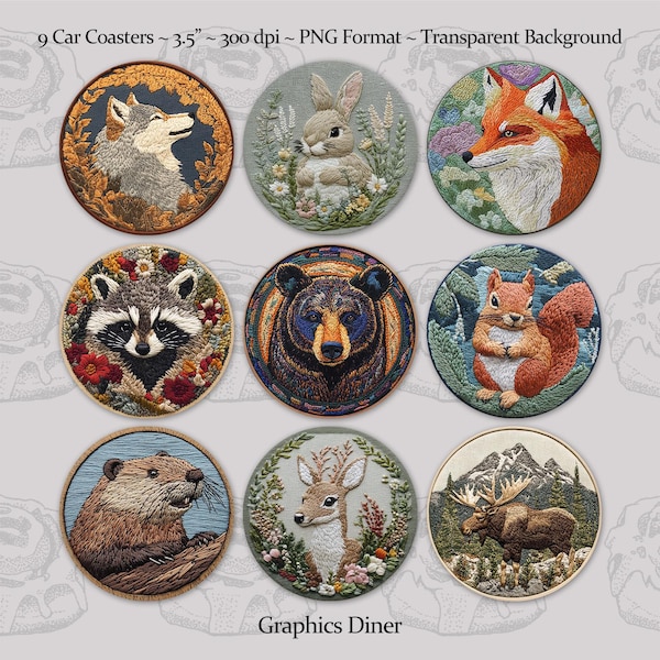 Posavasos para coche con bordados de animales del bosque (sublimación PNG). Juego de 9 posavasos para coche.