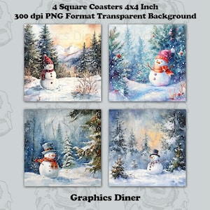 Puede incluir: Cuatro posavasos cuadrados, cada uno de 10x10 cm, con pinturas de acuarela de muñecos de nieve en escenas invernales. Los muñecos de nieve llevan sombreros y bufandas, ambientados en bosques y montañas nevadas. El texto "Graphics Diner" está en la parte inferior.