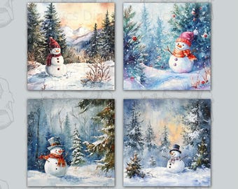 Posavasos de muñecos de nieve en acuarela en formato PNG - Cuadrado de 4x4 (Descarga digital)