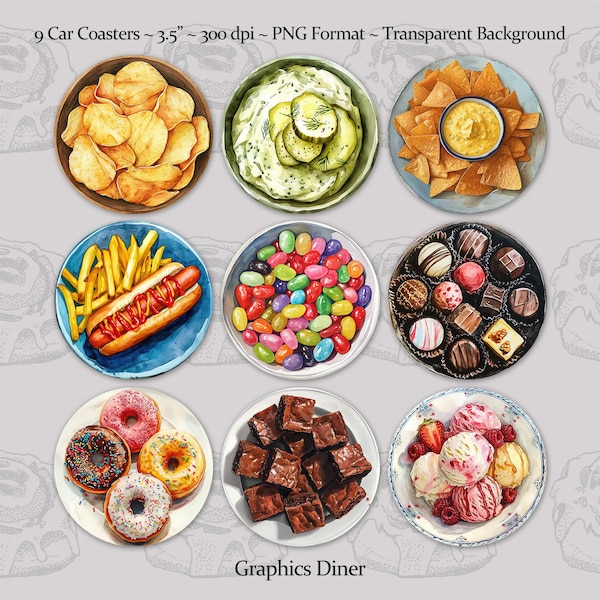 Junk Food Car Coaster Designs PNG Transparent Background 3.5 Inch 300 DPI Sublimation Coasters Commercial Use Set Of 9